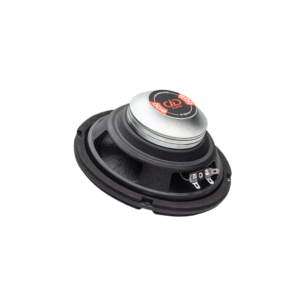 VO Series 6.5 Inch Neo Midrange (Pair) - photo shot bottom to top showing the heatsink neo motor with backplate sticker - illegible - and basket