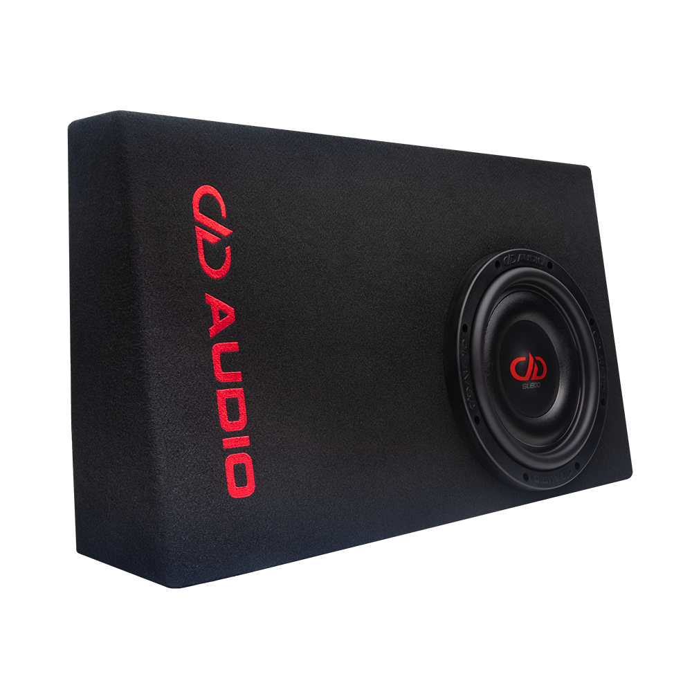 Single 10" Slim Truck Loaded Enclosure - Photo facing front to show subwoofer cone and DD AUDIO embroidered logo
