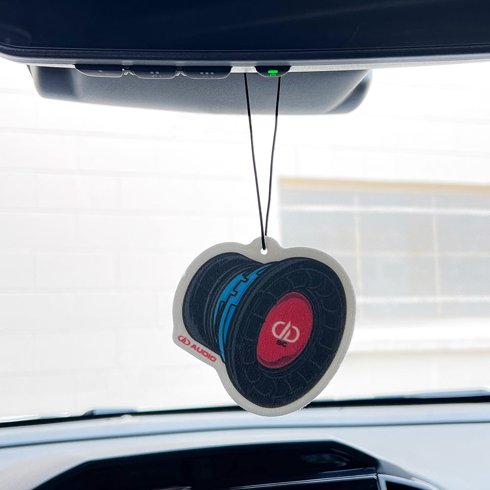 DD AUDIO Subwoofer Air Freshener (Black Ice) - photo of DD Subwoofer design on air freshener hanging from a mirror