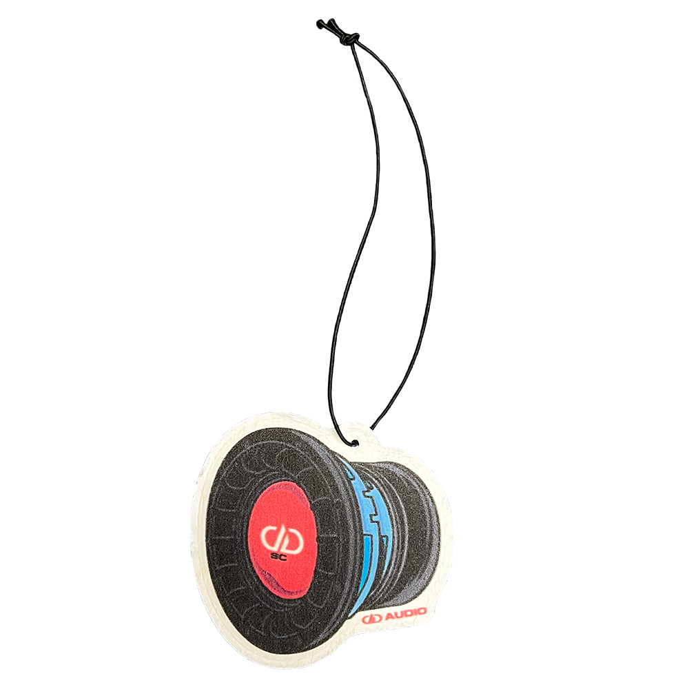 DD AUDIO Subwoofer Air Freshener (Black Ice) - photo of DD Subwoofer design on air freshener showing the elastic string