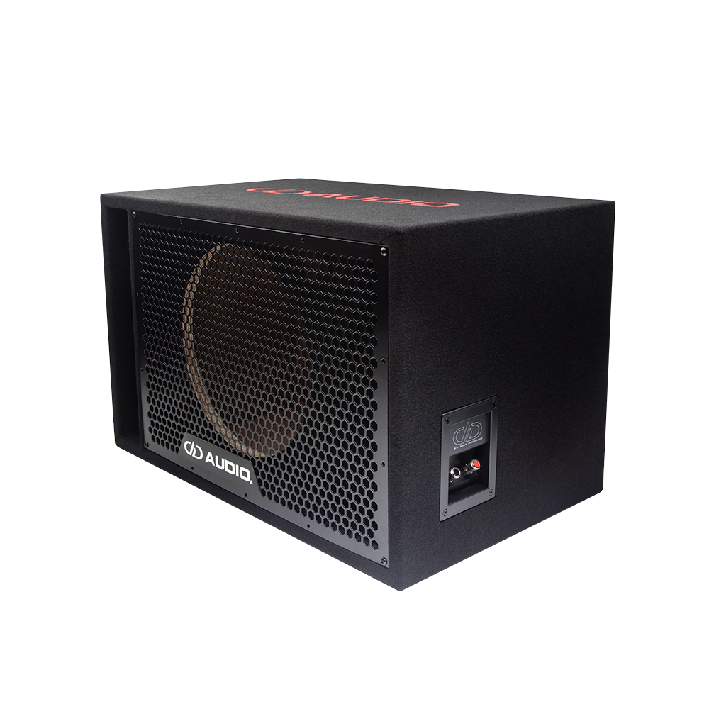 Single 12" Enclosure (Unloaded) - photo facing front angled to show front port, DD embroidered logo, grill with DD badge, integrated DD terminal cup on side