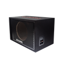 Single 12" Enclosure (Unloaded) - photo facing front angled to show front port, DD embroidered logo, grill with DD badge, integrated DD terminal cup on side