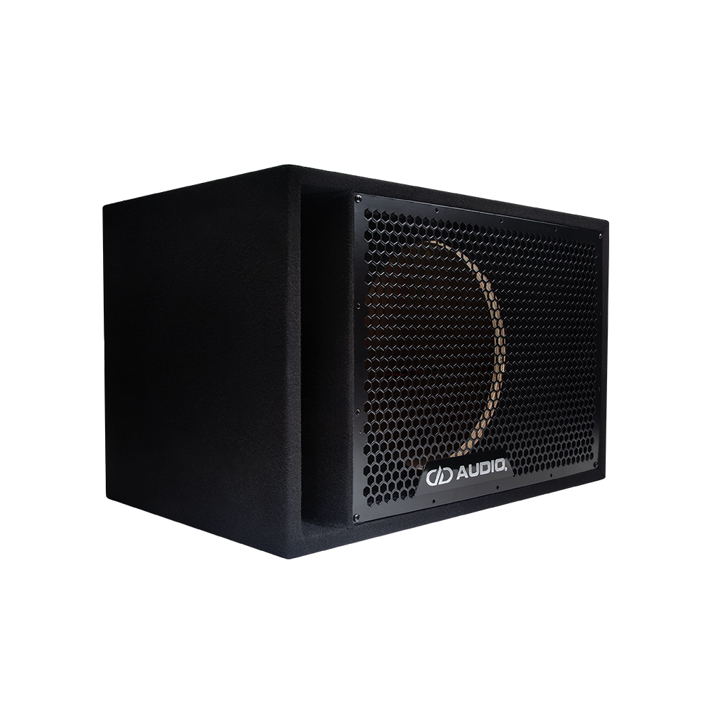 Single 12" Enclosure (Unloaded) - photo facing front angled to show front port and grill with DD badge