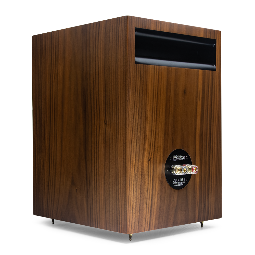 Passive Studio Monitor - DD Signature Series Home (Pair) - Photo of back angled to show depth of box, port on back and terminal plate with classic Digital Designs logo