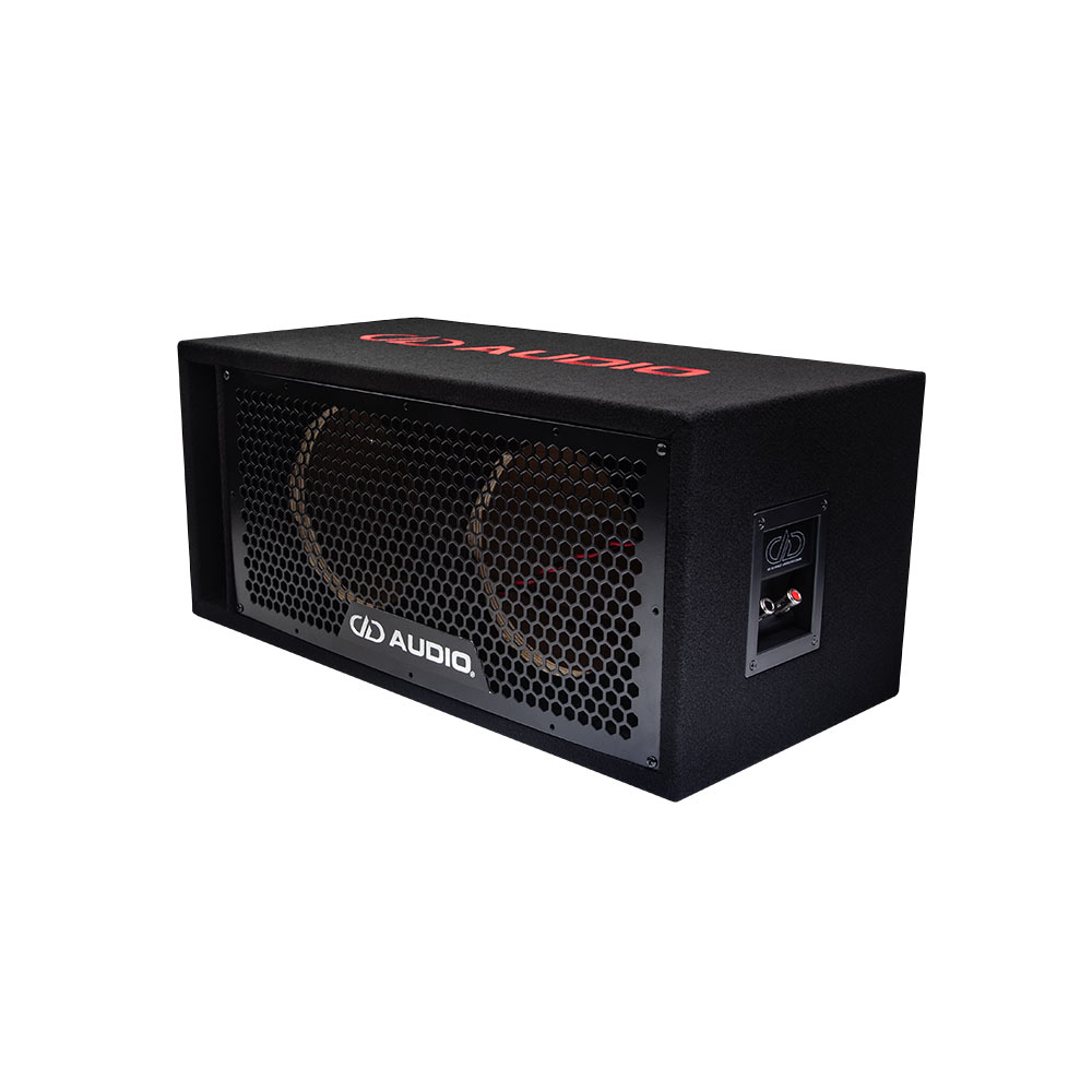 Double 8" Enclosure (Unloaded) - Photo showing UE-8.2 facing front angled left to show grill with DD AUDIO logo, front port, DD AUDIO embroidery on top, and terminal cup on the side