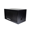 Unloaded Single 10" Coated 500e Series Enclosure - Photo showing enclosure facing front angled right to show grill with DD AUDIO logo, front port, top logo, and terminal cup with DD logo