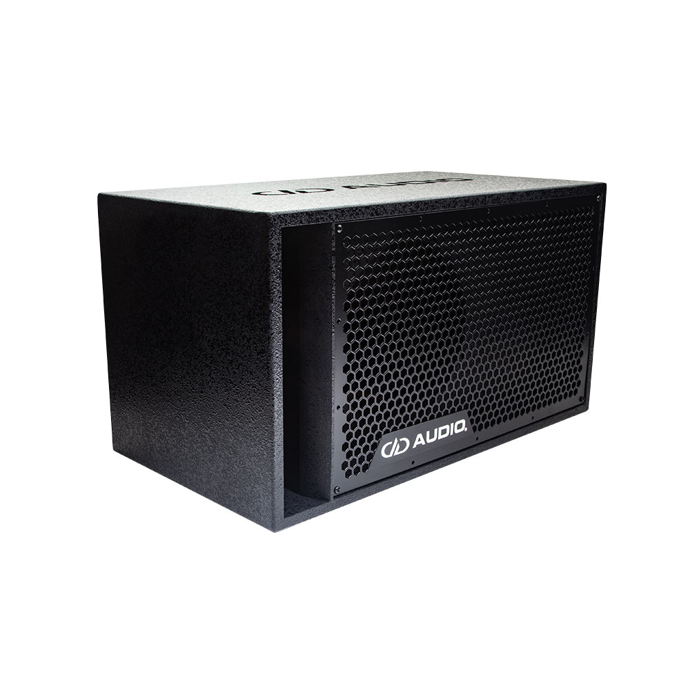 Unloaded Single 10" Coated 500e Series Enclosure  - Photo showing enclosure facing front angled left to show grill with DD AUDIO logo, front port, and top logo