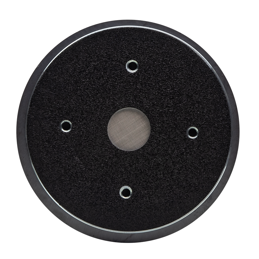 VO Series 55mm Compression Tweeter(each) - Photo of a VO-CT55 compression tweeter facing front to show throat, top plate, mounting holes for horn