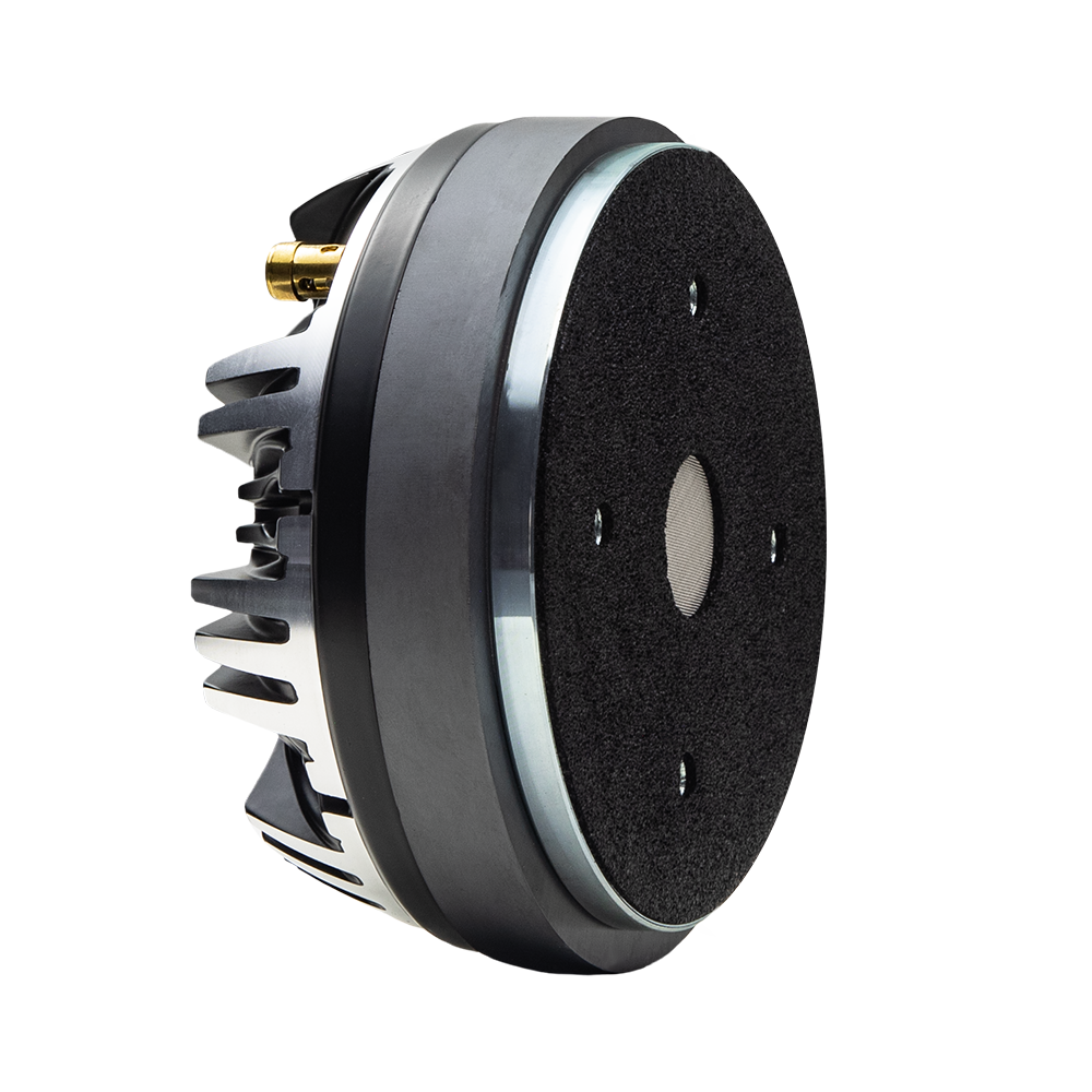 VO Series 55mm Compression Tweeter(each) - Photo of a VO-CT55 compression tweeter angled right to show throat, top plate, mounting holes for horn, motor, heatsink and connectors