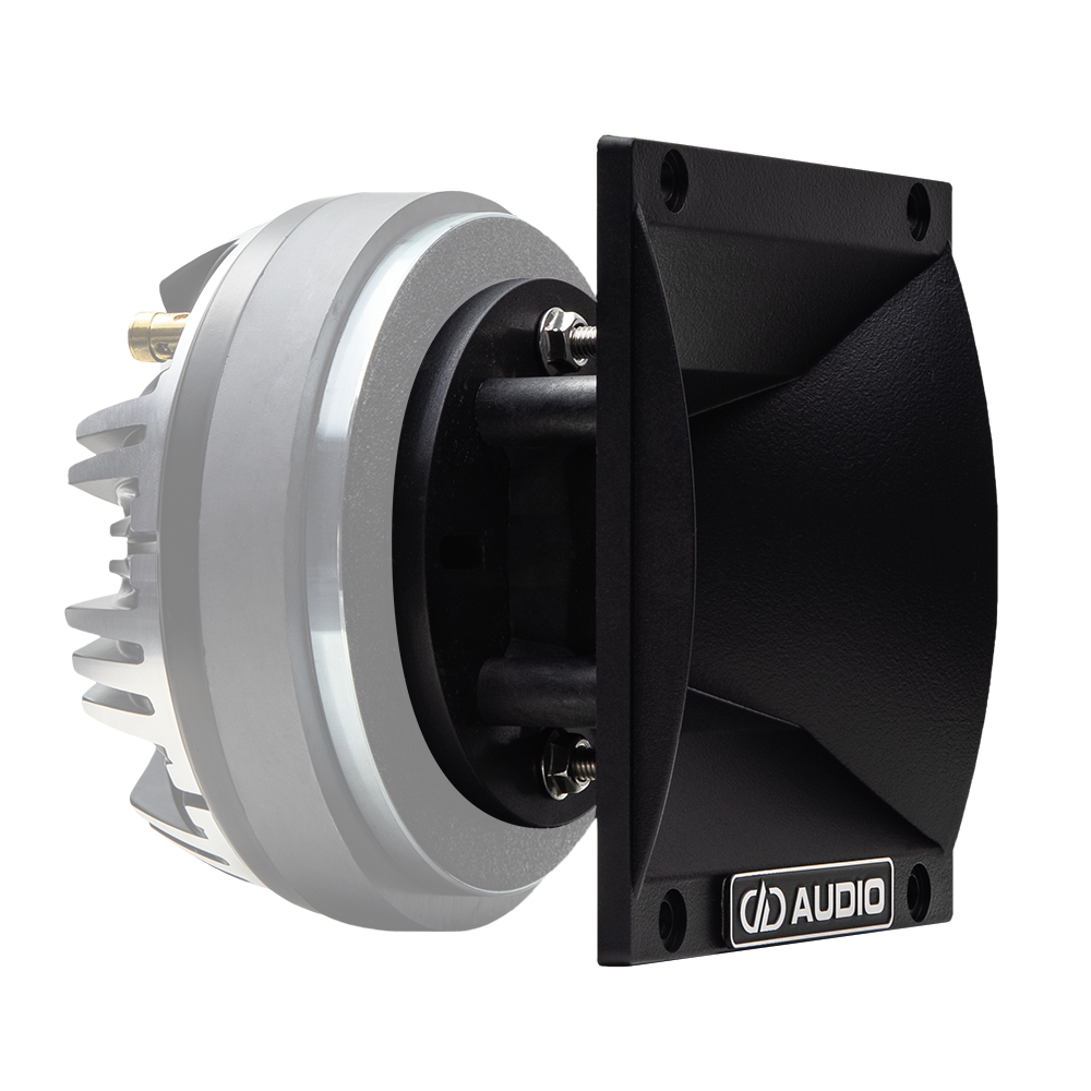 Plastic 6x6 Horn for CT55 Tweeters - Photo of 6x6 Horn angled left to show black matte finish, curves, and metal plate with DD AUDIO logo - with a ghosted image of a CT55 compression tweeter to demonstrate how it will look mounted - CT55 not included