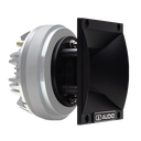 Plastic 6x6 Horn for CT55 Tweeters - Photo of 6x6 Horn angled left to show black matte finish, curves, and metal plate with DD AUDIO logo - with a ghosted image of a CT55 compression tweeter to demonstrate how it will look mounted - CT55 not included
