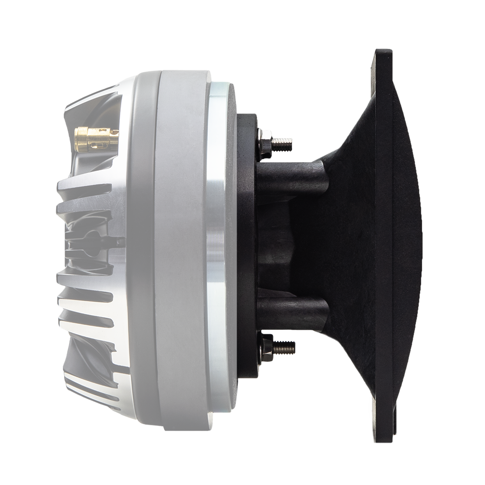 Plastic 6x6 Horn for CT55 Tweeters - Photo of 6x6 Horn profile shot to show black matte finish and curves - with a ghosted image of a CT55 compression tweeter to demonstrate how it will look mounted - CT55 not included