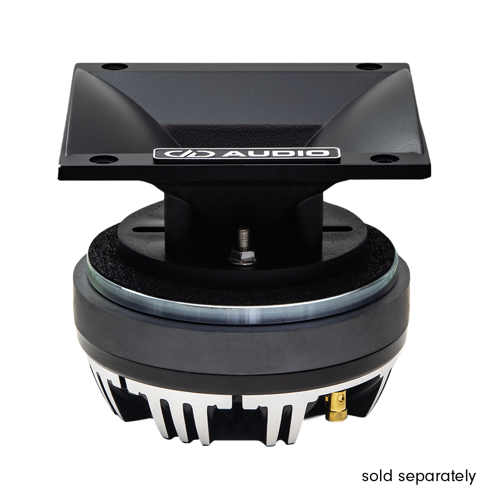 Plastic 6x6 Horn for CT55 Tweeters - Photo of 6x6 Horn angled top to bottom to show black matte finish, curves, and metal plate with DD AUDIO logo - image includes the horn mounted to a CT55 compression tweeter to demonstrate how it will look mounted - The words "Sold Separately" appear in the bottom right corner