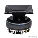 Plastic 6x6 Horn for CT55 Tweeters - Photo of 6x6 Horn angled top to bottom to show black matte finish, curves, and metal plate with DD AUDIO logo - image includes the horn mounted to a CT55 compression tweeter to demonstrate how it will look mounted - The words "Sold Separately" appear in the bottom right corner