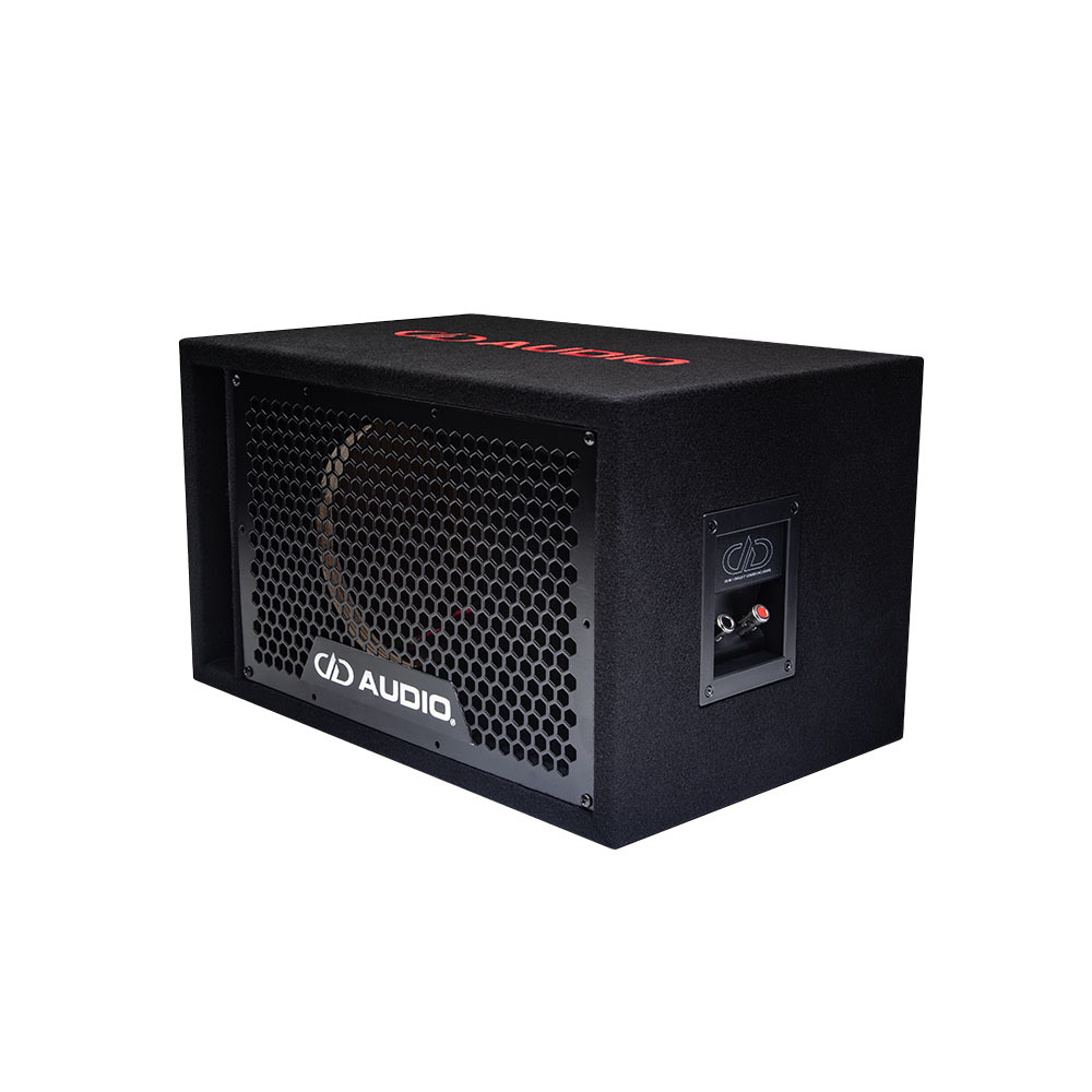 Single 8" Enclosure (Unloaded) - Photo of single 8 inch unloaded enclosure angled to show terminal cup, front facing port, grill with DD AUDIO badge and embroidered DD AUDIO logo on top