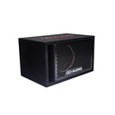 Single 8" Enclosure (Unloaded) - Photo of single 8 inch unloaded enclosure angled to show front facing port, grill with DD AUDIO badge and embroidered DD AUDIO logo on top