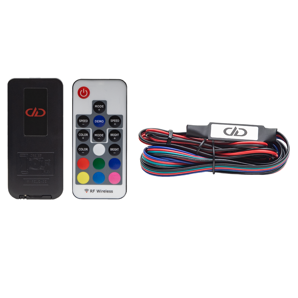 LED RGB Light Ring - Photo of remote showing front and back with included wiring