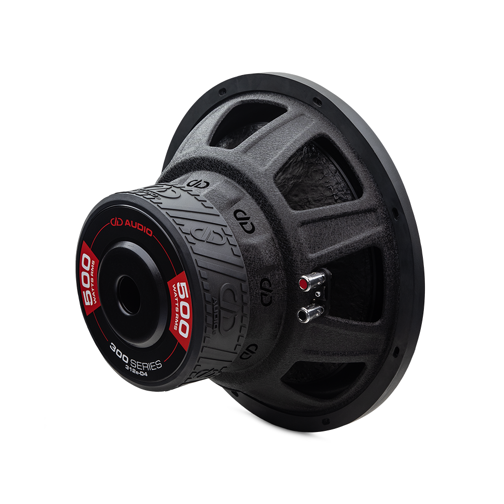 Dual 312e Power Bundle - Subs, Enclosure, Amp - Photo of a 312e shot from the back showing backplat sticker which reads 500w rms