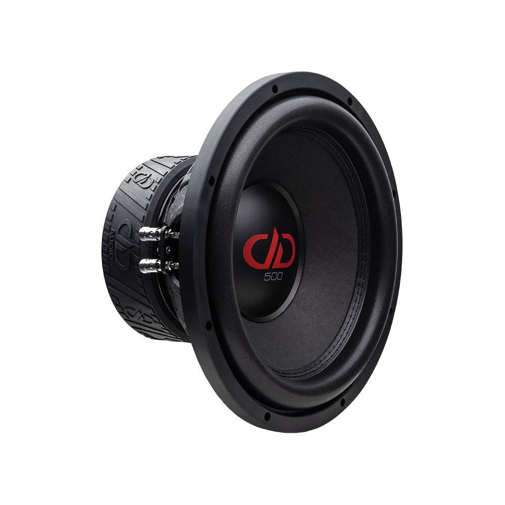 Dual 512e Power Bundle - Subs, Enclosure, Amp  - Photo of a 512e shot front angled right to show dustcap, cone, surround and part of motor boot with DD logo