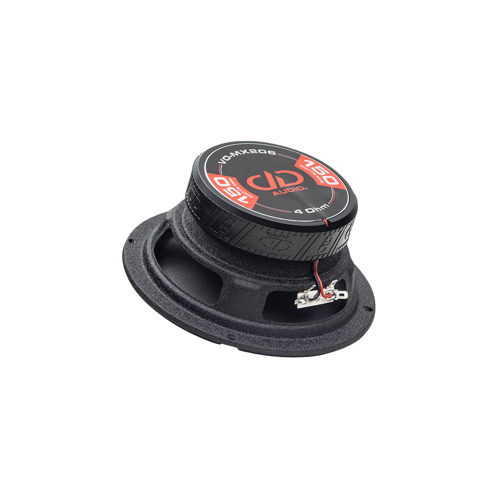 B-Stock - VO-MX206-S4 - 6" Midrange Coaxials (Pair) - Photo showing backside with sticker - print contains 150 Watts RMS, 4 Ohm, model name and logo