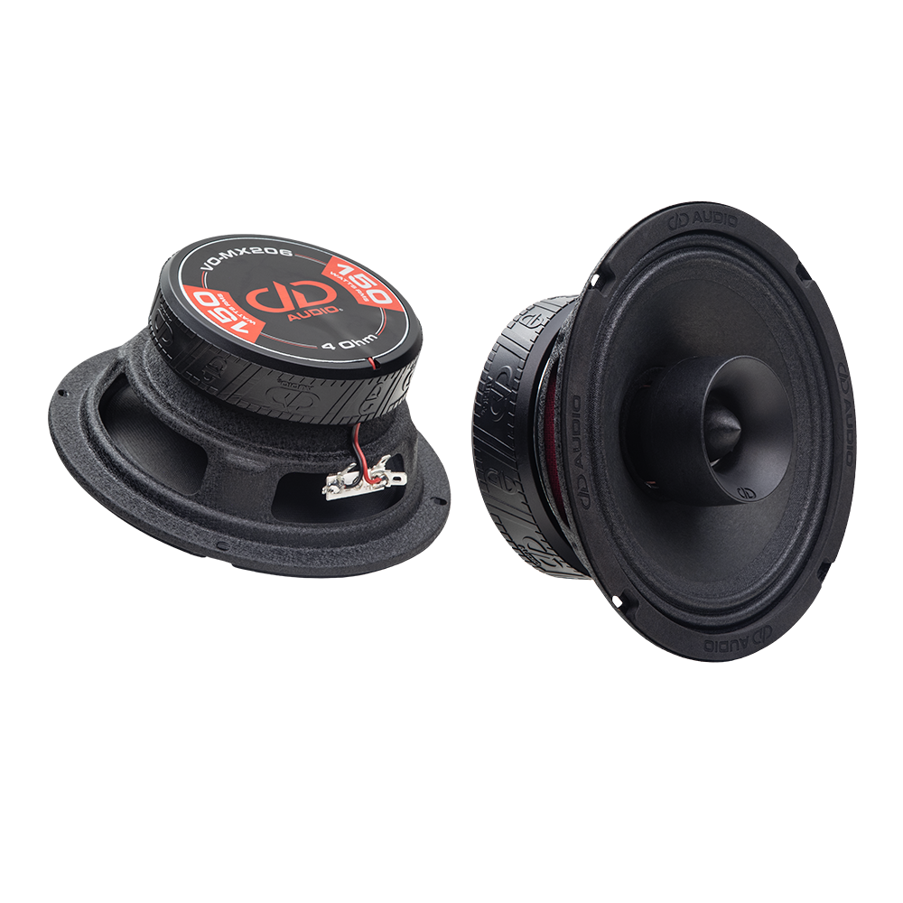 B-Stock - VO-MX206-S4 - 6" Midrange Coaxials (Pair) - Photo showing pair, one with backplate sticker up containing 150 RMS / 4 Ohm text- one back to front showing motor, cone and tweeter