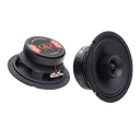 B-Stock - VO-MX206-S4 - 6" Midrange Coaxials (Pair) - Photo showing pair, one with backplate sticker up containing 150 RMS / 4 Ohm text- one back to front showing motor, cone and tweeter