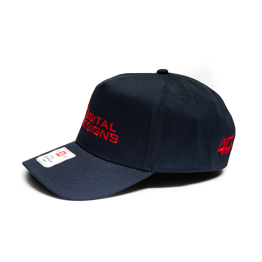 Digital Designs 40th Anniversary Hats - Profile shot of black hat with all red stitching showing left side with 40 Year mark on back and Digital Designs logo on front and removable Richardson Hat sticker on front