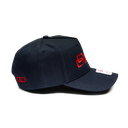 Digital Designs 40th Anniversary Hats - Profile shot of black hat with all red stitching showing right side with modern DD mark on back and Digital Designs logo on front and removable Richardson Hat sticker on front