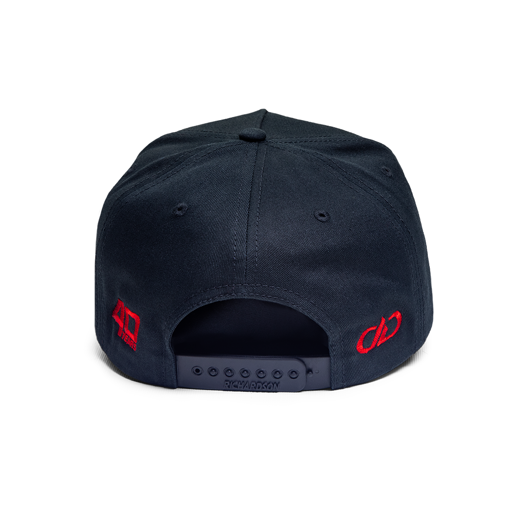 Digital Designs 40th Anniversary Hats - Back shot of black hat with all red stitching showing Richardson snapback enclosure, 40 Years mark on left and modern DD mark on right of closure