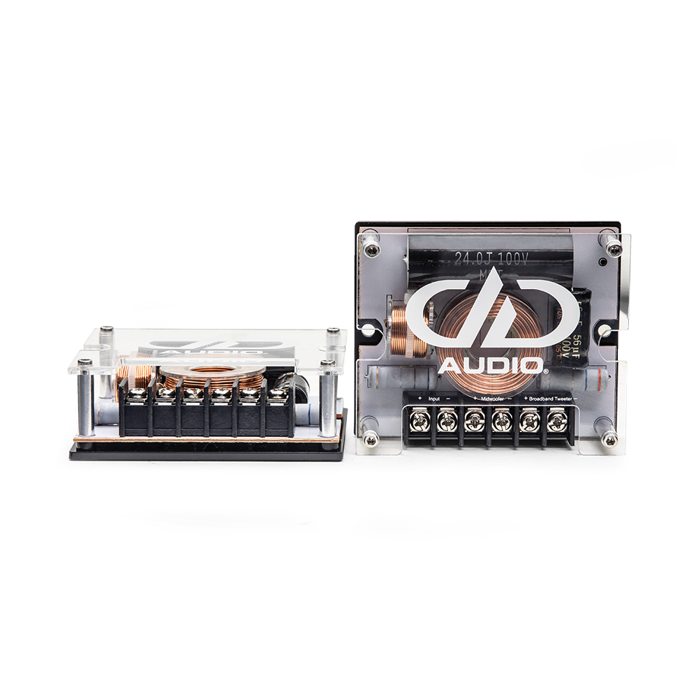 C Series Car Audio Crossover (Pair) - Photo of C Series 2 Way Crossovers, one facing front showing acrylic plate with DD logo above copper winding, and screw terminals, the other on side showing acrylic top and screw terminals