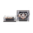 C Series Car Audio Crossover (Pair) - Photo of C Series 2 Way Crossovers, one facing front showing acrylic plate with DD logo above copper winding, and screw terminals, the other on side showing acrylic top and screw terminals