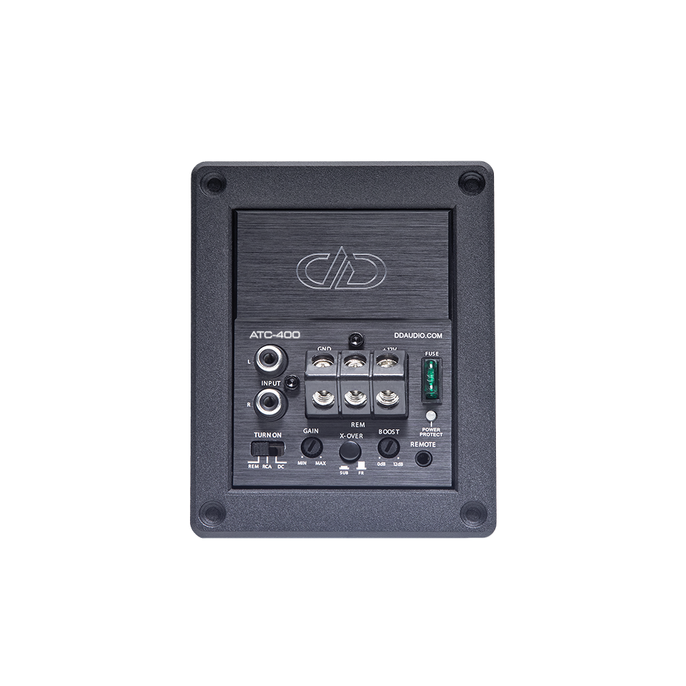 400 Watt Amplified Terminal Cup - Photo of ATC-400 angled to show front face - logo, connections, settings