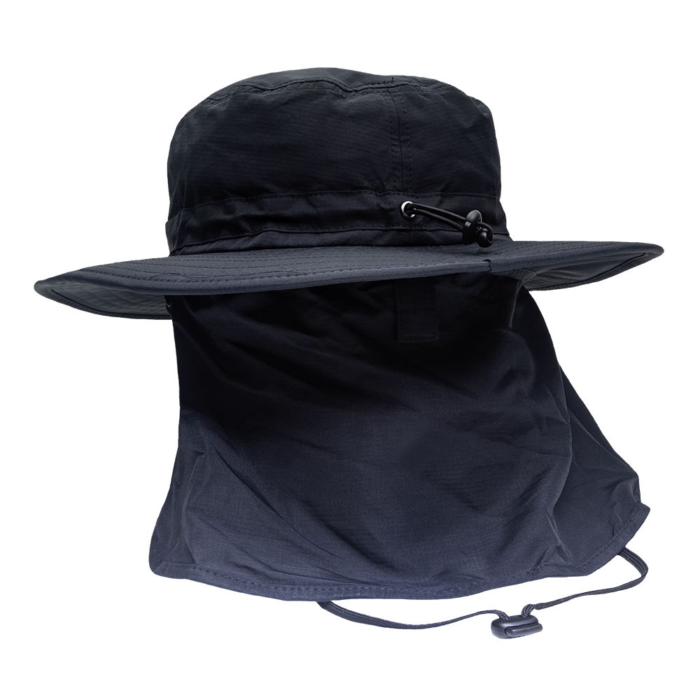 DD AUDIO Wide Brim Hat - photo of hat shot from back - bottom to show the hidden pull out flap for added neck protection