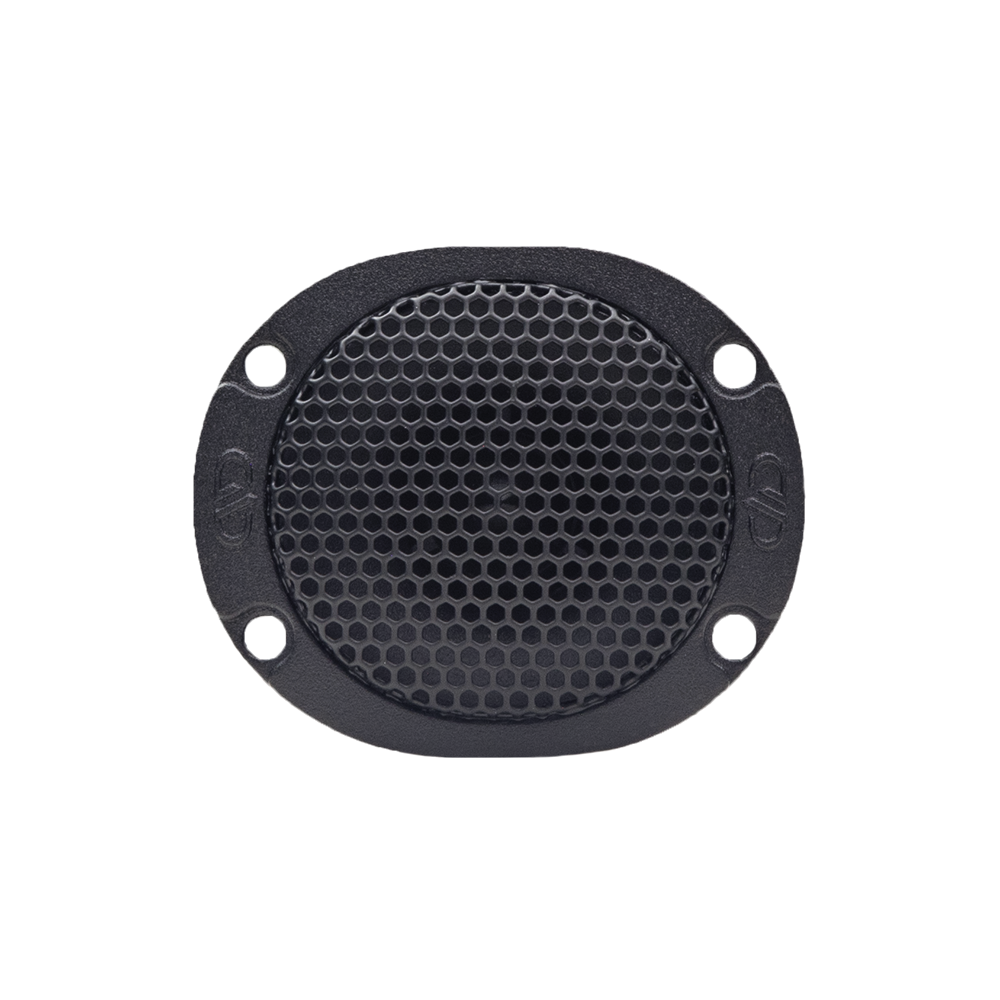 Photo of VO-B1c Bullet Tweeter shot facing front to show screw holes, embossed logo and mesh grill