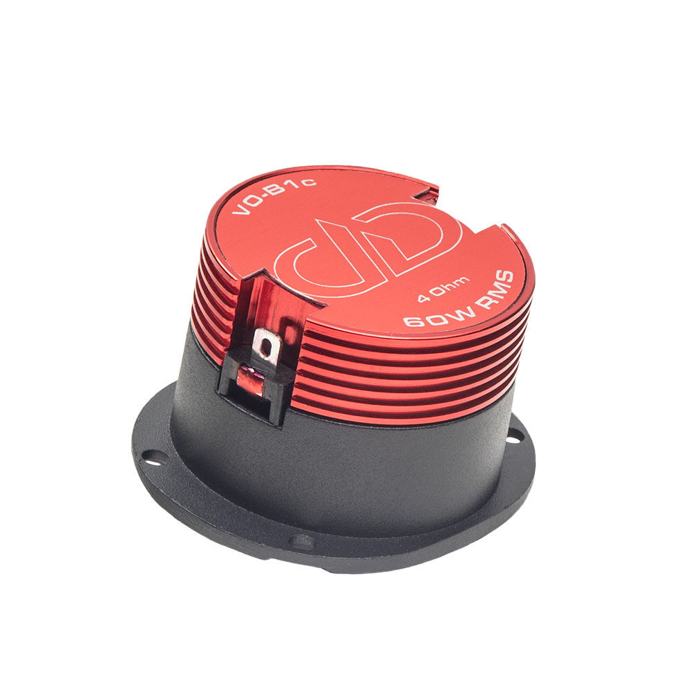 VO-B1c 1" Bullet Tweeter (Pair) - Photo of VO-B1c Bullet Tweeter shot bottom up to show heat sink with logo, model name, "4 Ohm" and "60w RMS" with spade connectors on the side