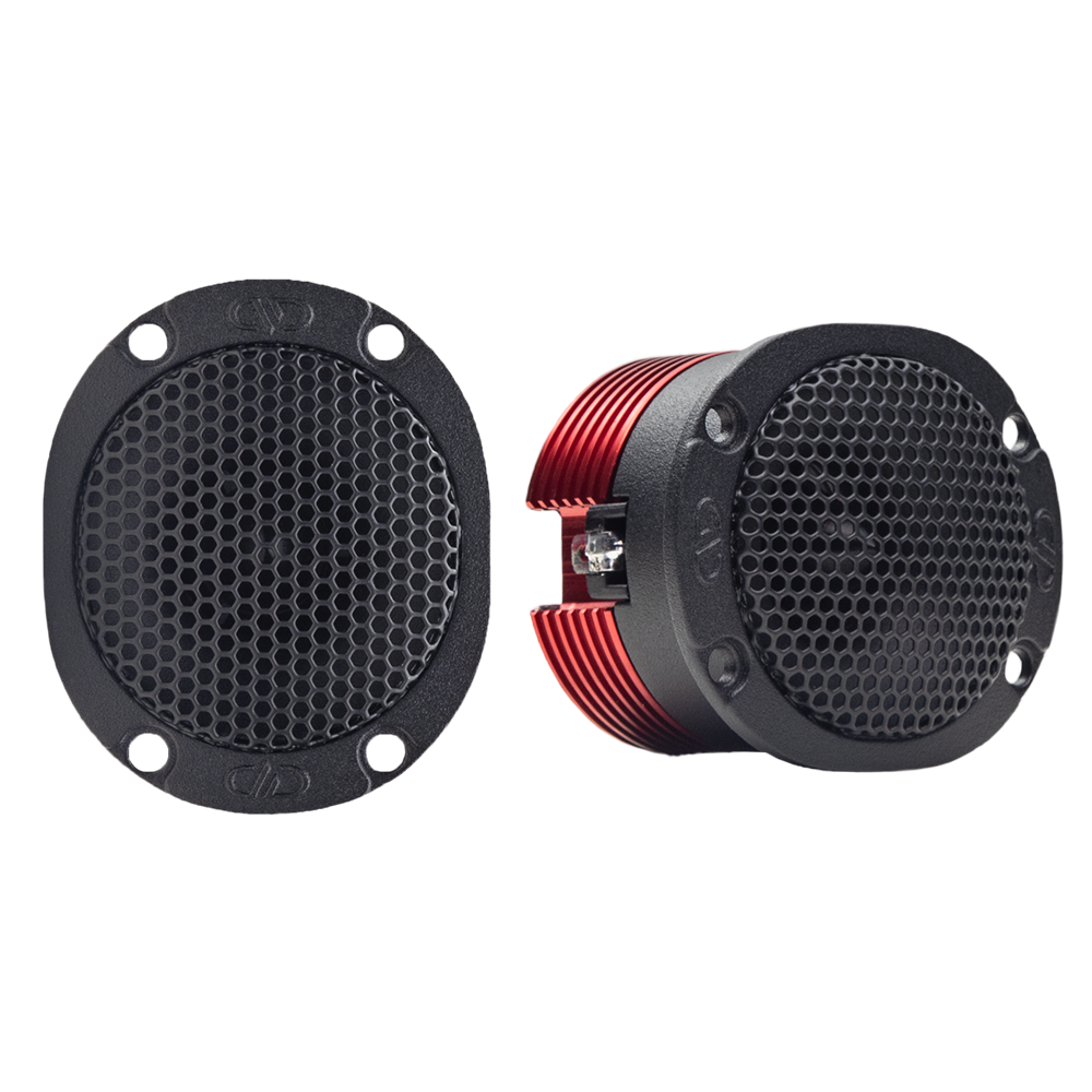 VO-B1c 1" Bullet Tweeter (Pair) - Photo of VO-B1c Bullet Tweeters (pair), with one shot facing front to show screw holes, embossed logo and mesh grill and the other shot front angled right to show embossed logos on face, mesh grill, heat sink and spade connectors