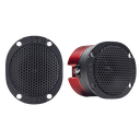 VO-B1c 1" Bullet Tweeter (Pair) - Photo of VO-B1c Bullet Tweeters (pair), with one shot facing front to show screw holes, embossed logo and mesh grill and the other shot front angled right to show embossed logos on face, mesh grill, heat sink and spade connectors