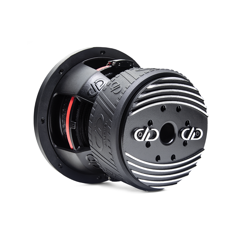BS-608f-d4 - 8 inch 600 series subwoofer angled back showing motor basket and cone