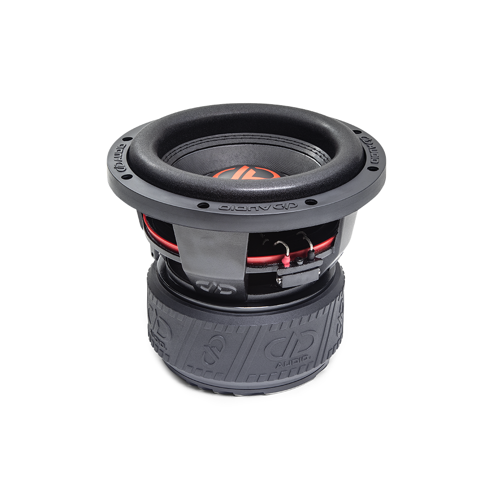 BS-608f-d4 - 8 inch 600 series subwoofer with motor flat on surface, slightly angled showing surround cone and dust cap and logo
