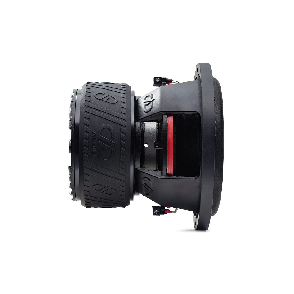 BS-608f-d4 - 8 inch 600 series subwoofer angled right showing motor coil basket and surround