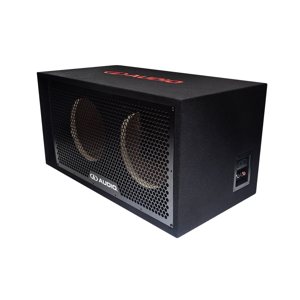Double 10" Enclosure (Unloaded) - photo facing front angled left to show logo on top, speaker cutouts, port, and metal grill with DD AUDIO nameplate and terminal connectors on side