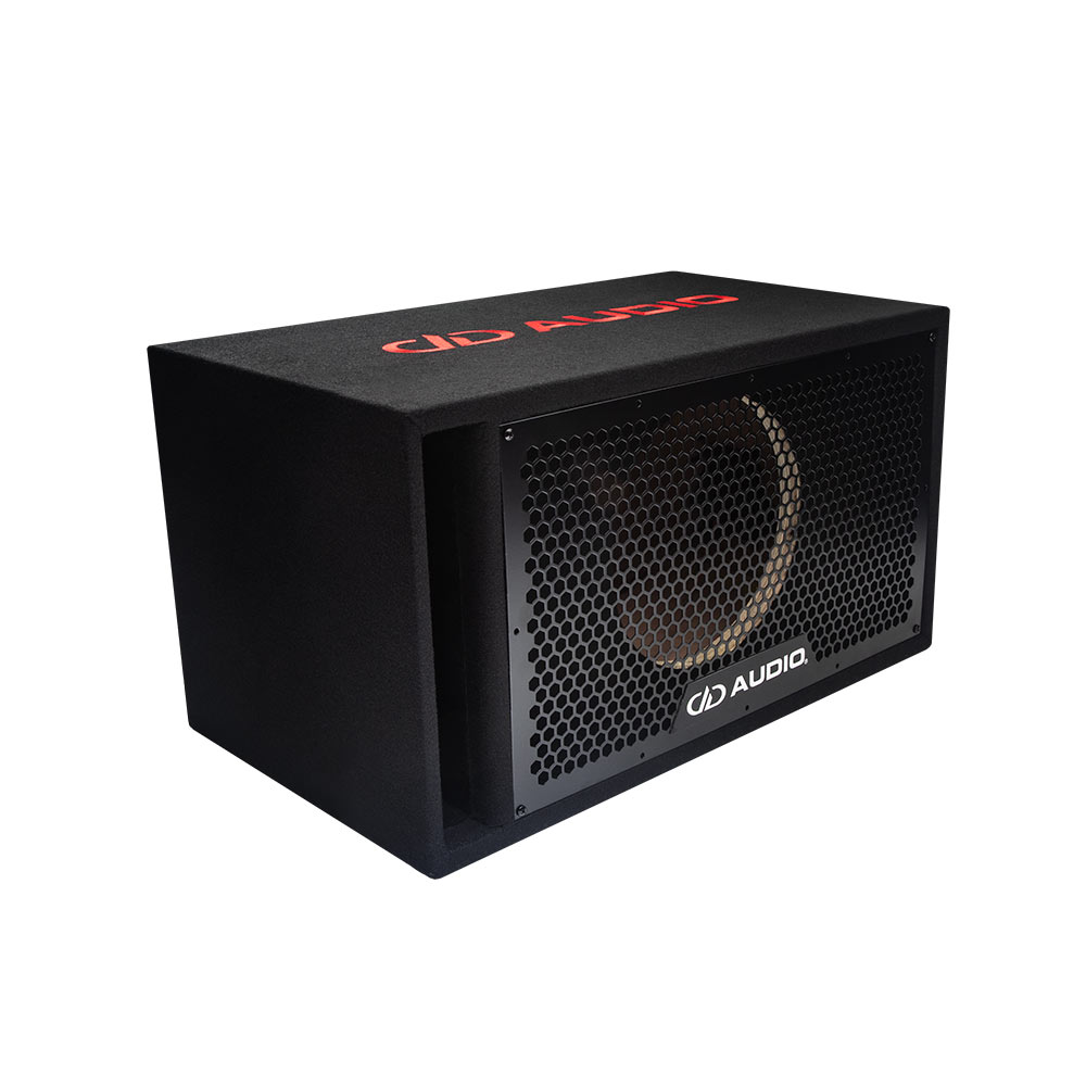 Single 10" Enclosure (Unloaded) - photo facing front angled right to show cutout, port, top logo embroidered and grill with DD AUDIO nameplate
