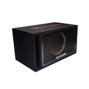 Single 10" Enclosure (Unloaded) - photo facing front angled right to show cutout, port, top logo embroidered and grill with DD AUDIO nameplate