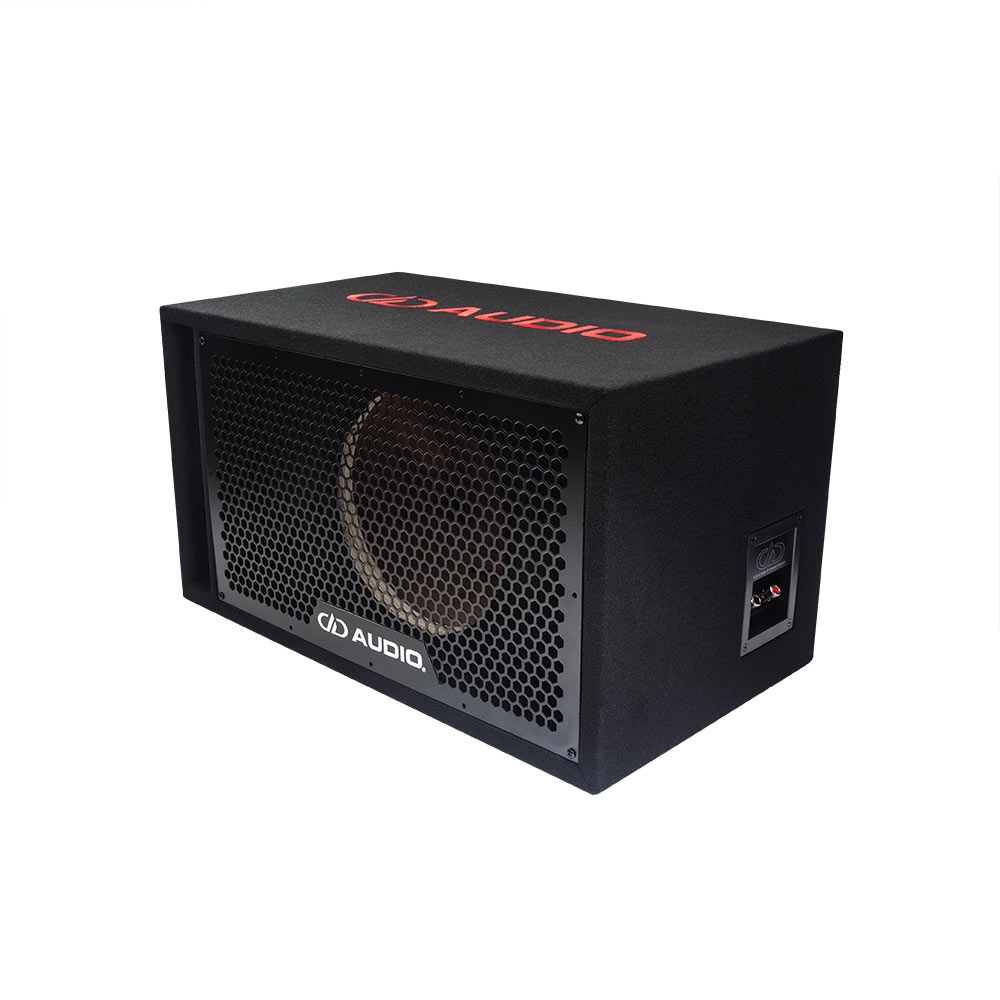 Single 10" Enclosure (Unloaded) - photo facing front angled left to show cutout, port, top embroidered logo, grill with DD AUDIO nameplate and side terminal cup with connectors