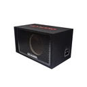 Single 10" Enclosure (Unloaded) - photo facing front angled left to show cutout, port, top embroidered logo, grill with DD AUDIO nameplate and side terminal cup with connectors
