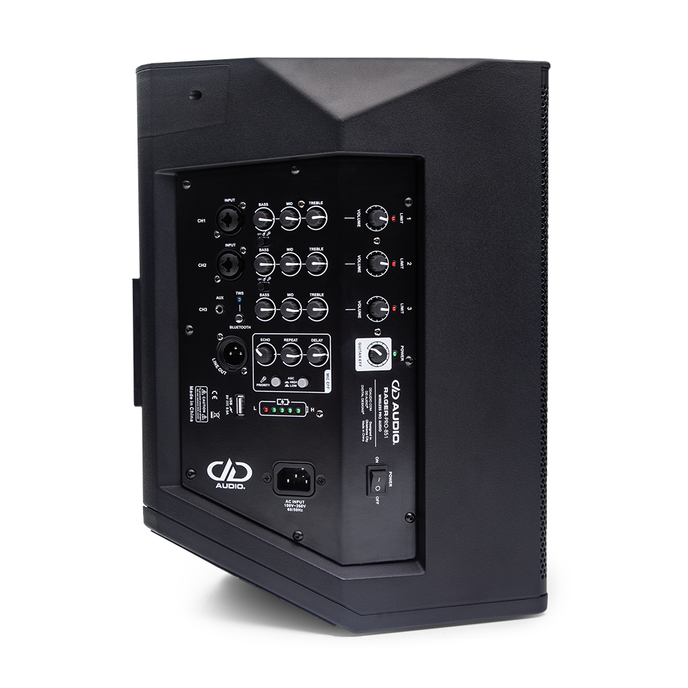 Photo of RAGER-PRO-851 angled to the side to show controls and connection inputs