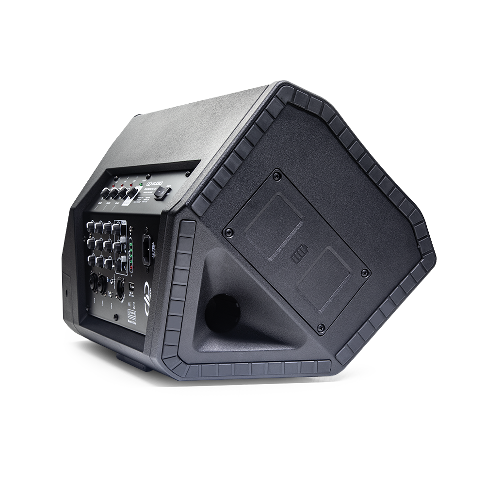 Photo of RAGER-PRO-851 angled left to partially show controls, positioned to direct sound up and out horizontal