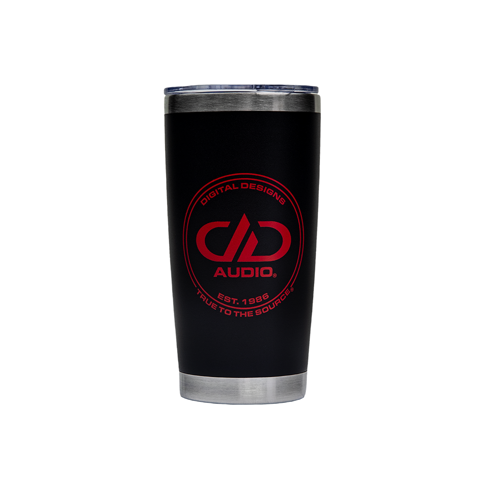 DD AUDIO 20oz Tumbler Photo showing front design - "Digital Designs above DD AUDIO logo above Est 1986 above True to the Source