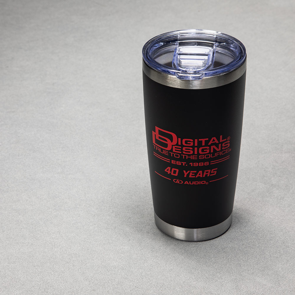 DD AUDIO 20oz Tumbler - back design showing classic Digital Designs logo above True to the Source above Est 1986 above 40 Years above DD AUDIO logo