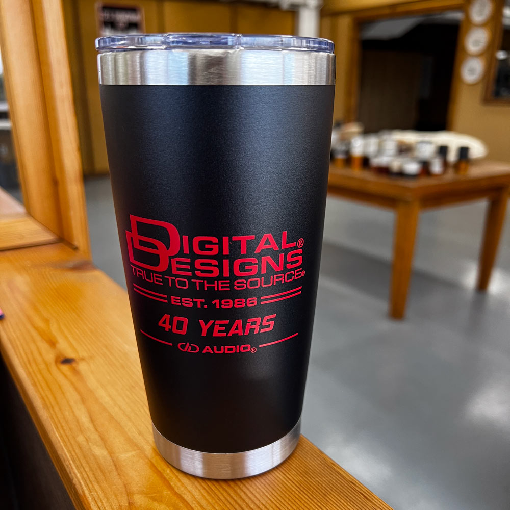 DD AUDIO 20oz Tumbler photo on R&D rail with voice coils in back